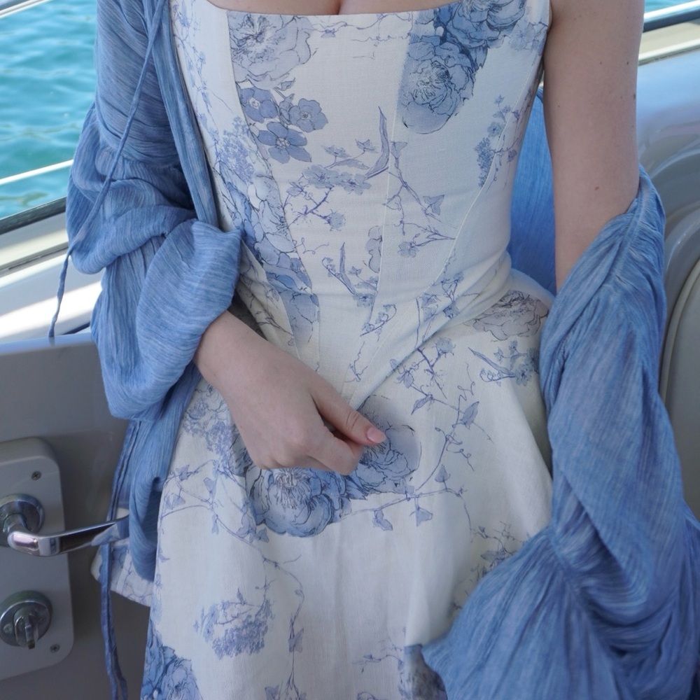 100% Linen custom made Blue Toile Corset top and Skirt